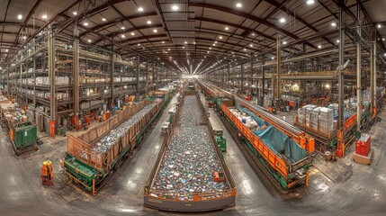 Obraz premium A wide shot of a large warehouse filled with recycling bins.