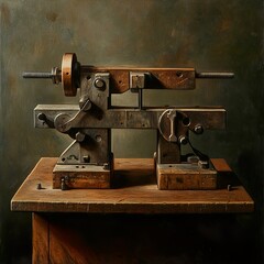 Vintage Industrial Machine: A Close-Up View of Metal and Wood