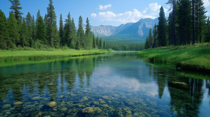 Obraz premium A tranquil nature shot of a calm river meandering through a valley, with crystal-clear water reflecting the surrounding forest