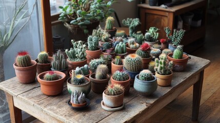 Fototapeta premium A Collection of Cacti and Succulents in Terracotta Pots on a Wooden Table