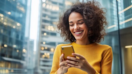 With skyscrapers in the background, a young woman uses a banking app on her smartphone while smiling.