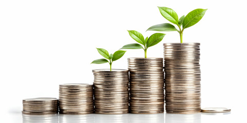 Investment Growth Concept: A Stack of Coins with a Green Plant Sprout Symbolizing Financial Success, Isolated on White Background for Stock Photography