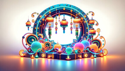 Obraz premium 3D Glowing Diwali garlands with holographic lanterns and event streamers isolated with vibrant copy space concept as A vibrant copy space design featuring glowing Diwali garlands with holographic lant