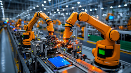 Robotic arms assembling smartphones on a production line in a technology factory during daylight hours