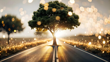 Flat Abstract Road Leading to a Tree concept as A soft abstract road with bokeh effects leads to a glowing tree symbolizing the journey of growth through community and compromise in ESG negotiations. 