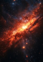 Fototapeta premium Vivid cosmic nebula with fiery orange and dark blues, a stunning celestial display.