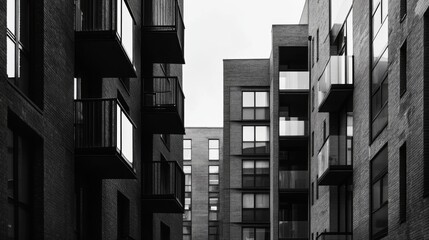 Black and white image of modern apartment buildings with balconies.