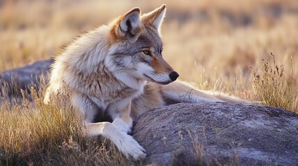 Fototapeta premium Majestic Russet Plains Wolf Standing Proudly in a Golden Field, Capturing the Essence of Untamed Wilderness and Natural Beauty. This Stunning Image Highlights the Wolf's Distinctive Russet Fur, Sharp 