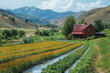 Fototapeta premium A red farmhouse sits in a valley with mountains in the background. There is a stream running through the fields of flowers and vegetables.