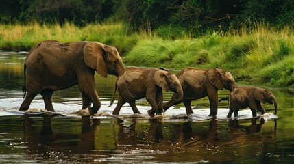 Naklejka premium African Elephants Crossing a River