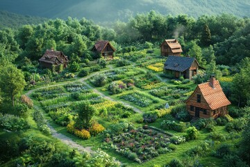 Naklejka premium Aerial view of a charming village with wooden houses nestled in a lush green garden.