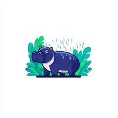 Fototapeta premium A cartoon hippo stands in the rain, surrounded by lush greenery, creating a playful, vibrant atmosphere.