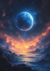 A mesmerizing cosmic scene with a glowing planet above a fiery celestial ocean at dusk.