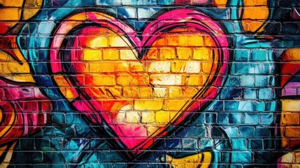 Colorful Heart Graffiti on Brick Wall 