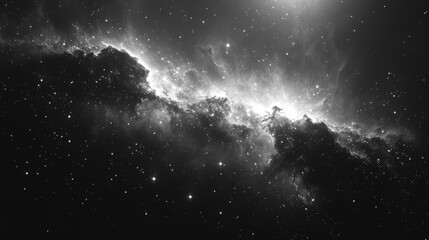 Stunning monochrome view of a galaxy showcasing swirling clouds of stars and cosmic dust.