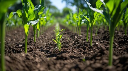 Young Corn Plants Growing in a Row in a Field