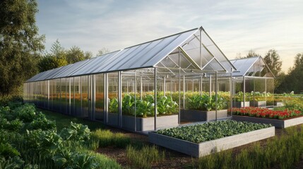 Obraz premium Modern Greenhouse with Raised Garden Beds and Lush Greenery