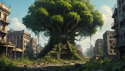 Naklejka premium Apocalyptic view of destroyed world, post apocalypse city after world war