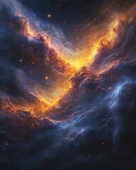 Stunning cosmic nebula with vibrant orange and blue hues unfolding in deep space.