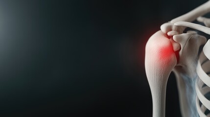 Naklejka premium Shoulder agony: visualization of pain in joint, featuring red glowing area that highlights source of discomfort, representing inflammation or injury, its effect on daily activities and mobility.
