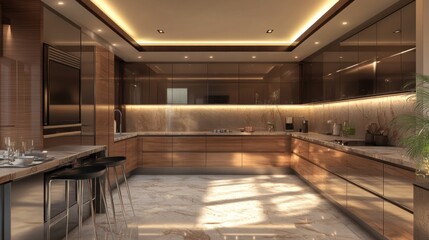Obraz premium Modern Kitchen Interior with Wooden Cabinets, Marble Floor, and Stainless Steel Appliances