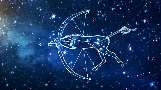 A constellation illustration of Sagittarius, depicting a centaur with a bow and arrow in space.