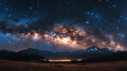 Fototapeta premium Breathtaking view of the Milky Way galaxy glowing above a mountain range under a starry night sky.