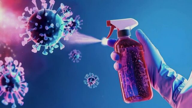 A hand sprays disinfectant towards floating virus particles, symbolizing cleanliness and safety.