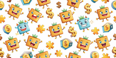 Playful Cartoon Tile Pattern with Animated Currency Symbols and Advertising Elements for Engaging Financial Marketing Backgrounds