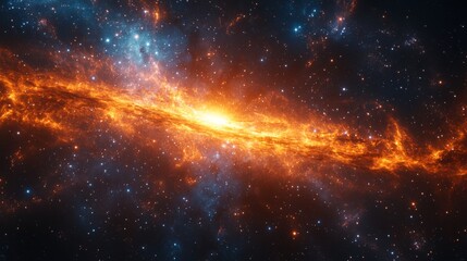 Fototapeta premium Stunning cosmic display featuring a vibrant, fiery nebula amidst a star-filled galaxy.