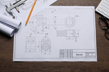 Different engineering drawings and tools on wooden table, flat lay