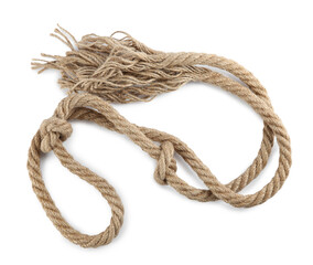 Hemp rope with knots isolated on white, top view