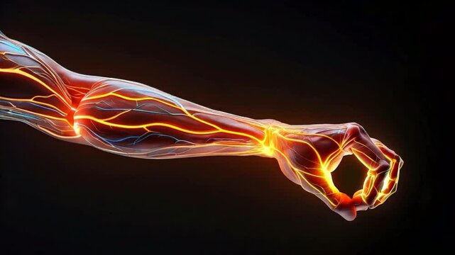 A stylized representation of a human arm with glowing neural pathways and energy flow.