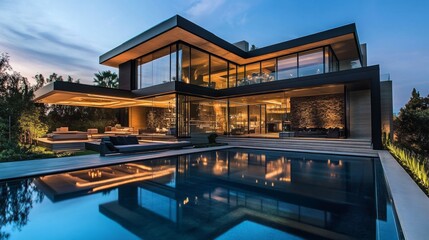 Fototapeta premium Modern Residence with Swimming Pool and Evening Lighting