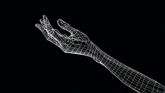 A 3D wireframe representation of a human hand reaching out.
