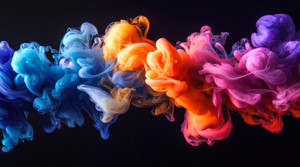 An element for the design. Underwater colorful watercolor ink creates a colorful thick plume of billowing smoke. A mix of blue, orange, pink and purple colors on a black background