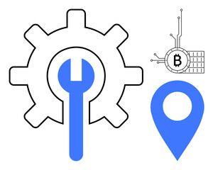 Gear with wrench, Bitcoin circuit, location marker. Ideal for technology, business, cryptocurrency, blockchain, and navigation themes. Simple minimalistic style, suitable for presentations