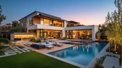 Obraz premium Modern Luxury Home with Pool and Patio at Dusk