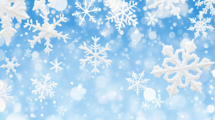 Beautiful Winter Background with Snowflakes and Soft Bokeh in Gentle Blue Tones