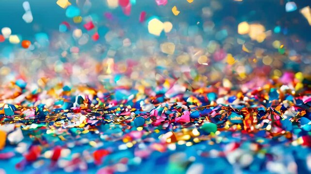 Vibrant confetti pieces scattered on a blue background, conveying a festive atmosphere.