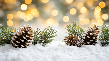 Winter Wonderland with Snowy Pinecones and Evergreen Branches Surrounded by Soft Snow