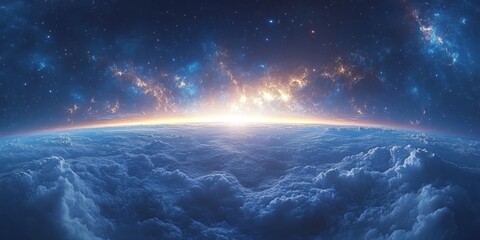 Stunning view above Earth’s clouds with a vibrant space horizon.
