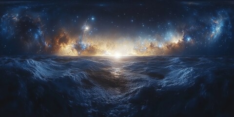 Stunning cosmic ocean scene with starry sky and glowing horizon.