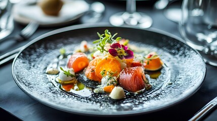 A refined summer tasting menu with vibrant seasonal fruits and seafood elegantly plated in a fine dining restaurant