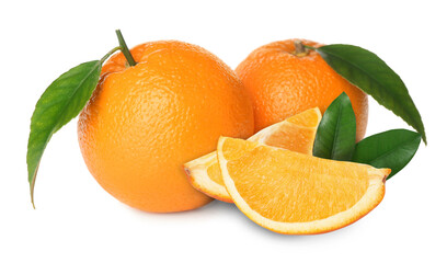Fresh ripe oranges and green leaves on white background. Citrus fruit