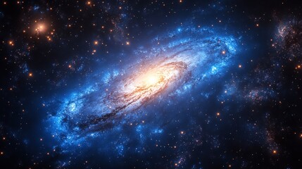 Stunning spiral galaxy glowing in vibrant blue and orange cosmic hues against the backdrop of deep space.