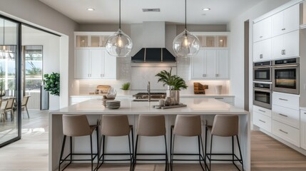 Modern Kitchen Island with White Cabinets and Glass Pendants