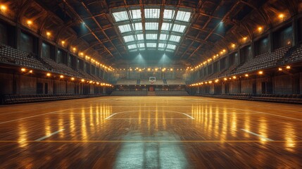Obraz premium Empty vintage basketball court with wooden floors and illuminated seating.