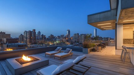 Obraz premium Modern Rooftop Terrace with Cityscape Views and Fire Pit
