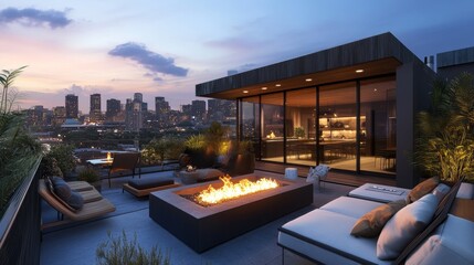 Fototapeta premium Modern Rooftop Patio with Fire Pit and City Skyline View